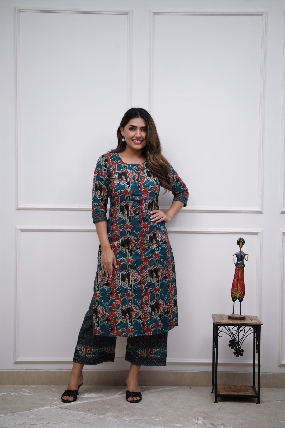 Handloom Notch Collar Taana Baana Top and Harem Pants Set